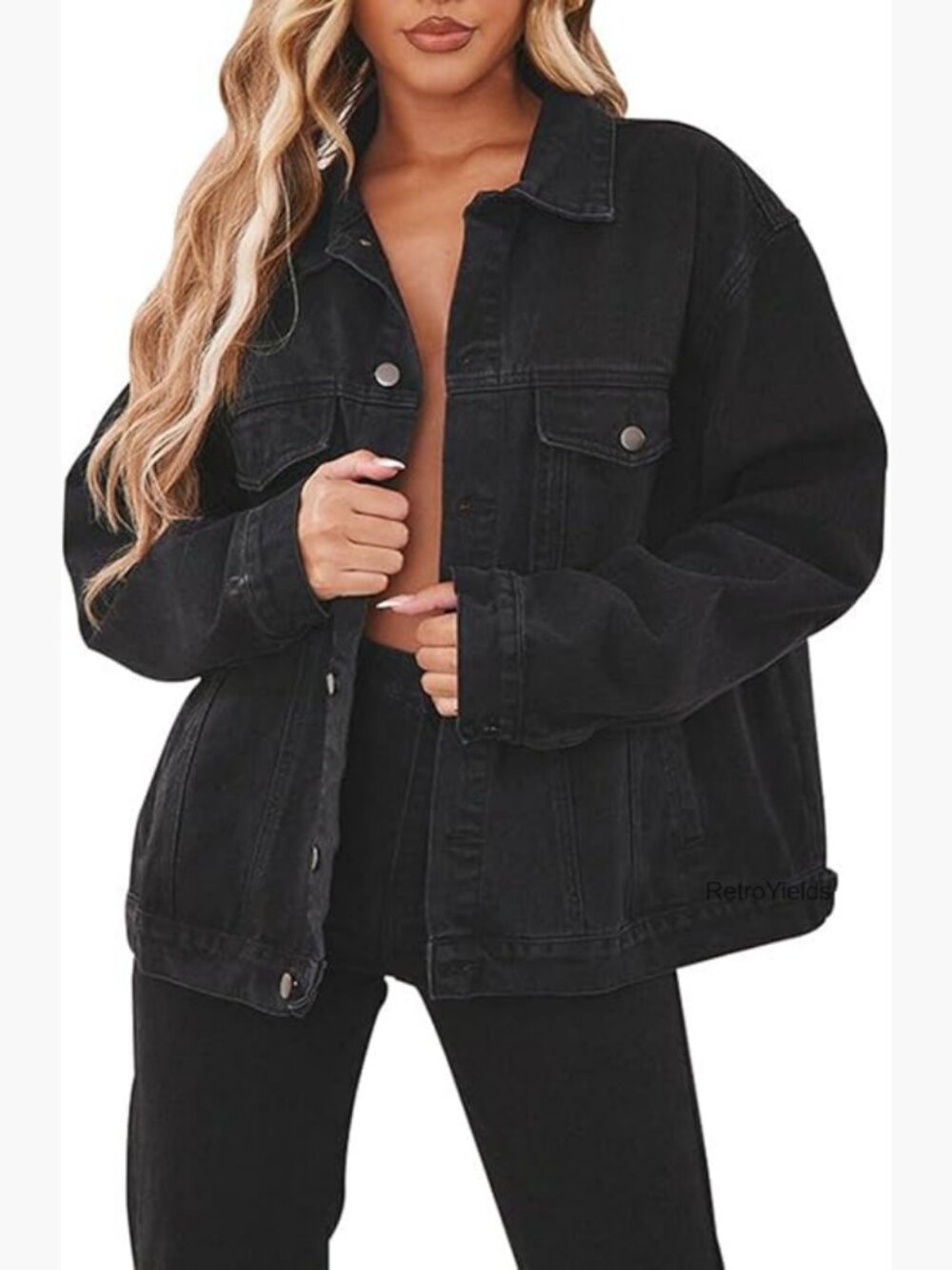 Oversized Denim Jacket Long Sleeve Button Down Distressed Trucker Jean Jacket